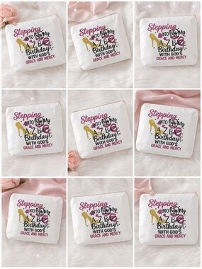 Birthday Graphic Cosmetic Pouch - White with Pink & Gold Accents